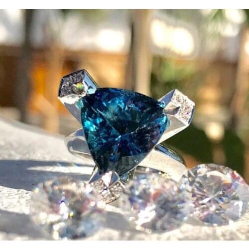 Simple Soild 925 Sterling Silver Triangle Blue AAA Micro Pave Zircon Finger Rings for Women Wedding Gift Jewelry ring