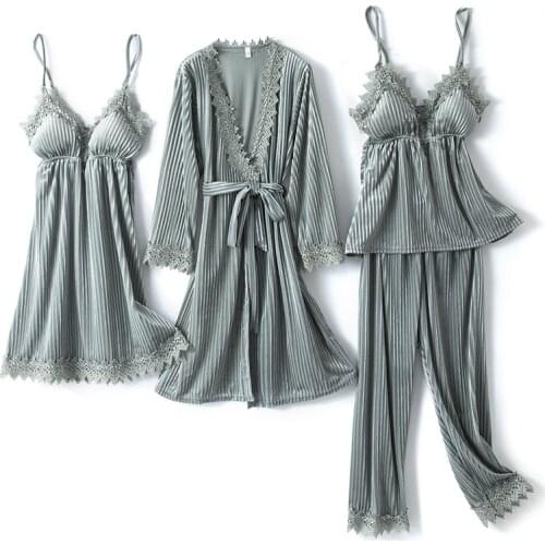 Women Pajamas Velour 4PCS Sleepwear Striped Kimono Bathrobe Gown Nightwear Autumn Winter Sleep Set Sexy Pijamas Suit Homewear