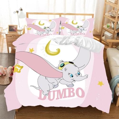 Disney Cute Dumbo Pattern Bedding Set Pink Purple Cartoon Duvet Bed Cover Pillowcase Girl Children Birthday Bedroom Decoration
