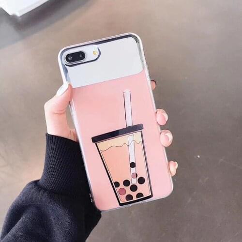 Makeup Mirror Soft Back Cover Phone Case For iphone 6 6S 7 8 Plus XS X XS MAX XR milk tea cup cartoon phone case