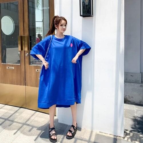 2021 Summer Arrival Simple Blue Oversize Loose Thin Cotton T-shirt Dress New Korean Casual Lazy Style Women Tops Free Shipping