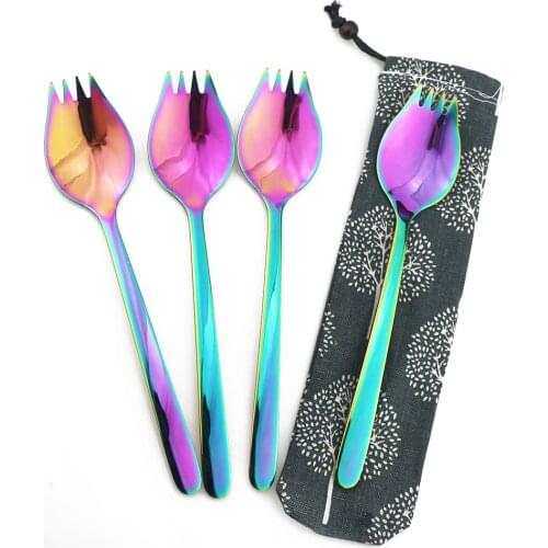 4 Pcs Rainbow Spork for Household Camping Travel Hiking 18/10 Stainless Steel Spoon Fork Noodles Appetizer Dess ert Spoon