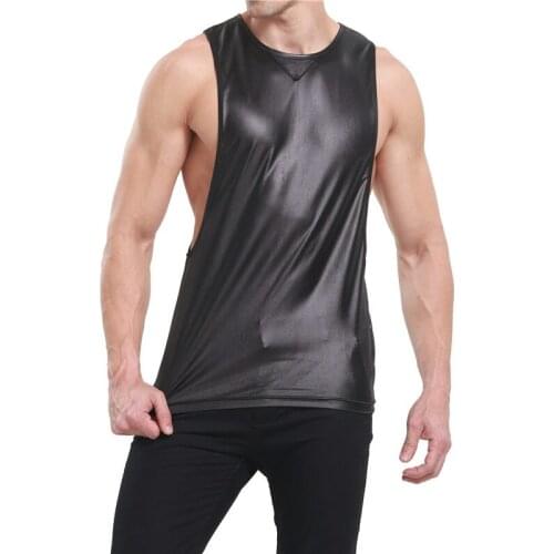 PU Leather Men Tank Tops Muscle Bodybuilding Sleeveless Tops Sexy Sports Fitness Casual Loose Streetwear Gay Party Clubwear Tee