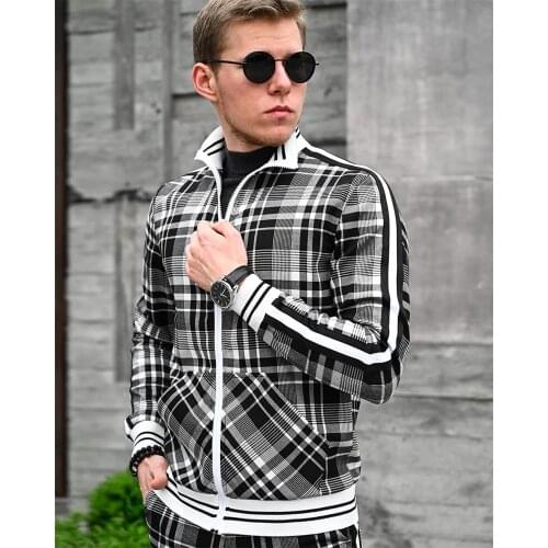 2021 New Spring And Autumn 3d Digital Printing Plaid Stripe Zipper Shirt Jacket Tether Trousers Two-piece Suit Men