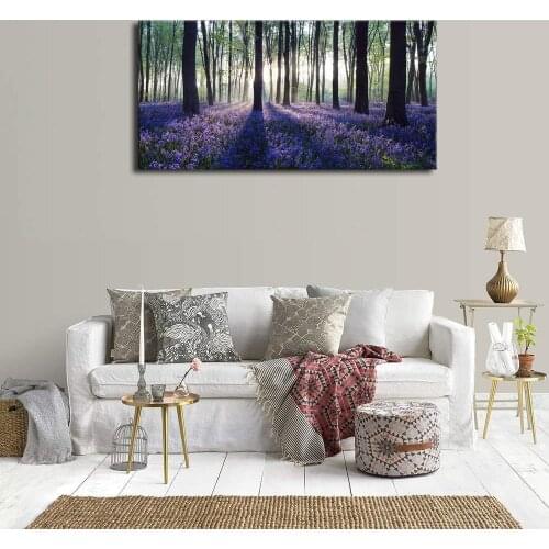 Canvas Wall Art Sunshine Forest with Purple Lavender Panoramic Green Trees Scenery Painting For Home Decor Drop shipping