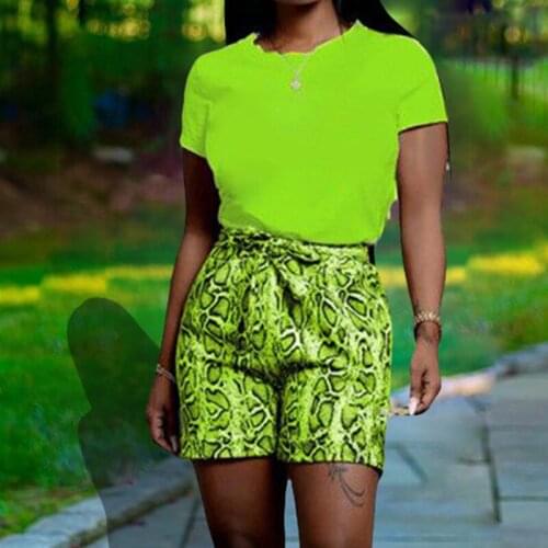 New Women Snake Pattern Print Lace Up Fashion Two Piece Set Women Short Sleeve Round Neck 2 Piece Set