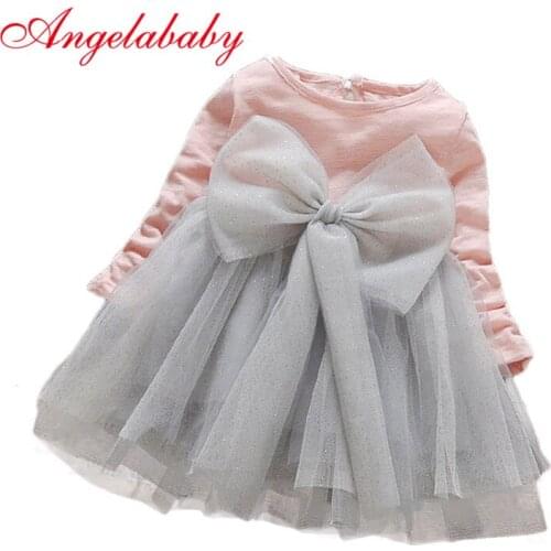 Baby Girls 2019 Autumn Cute Dress Childrens Mesh Princess Big Bow Long Sleeve Ball Gown Dresses Birthday party for Kids Clothes