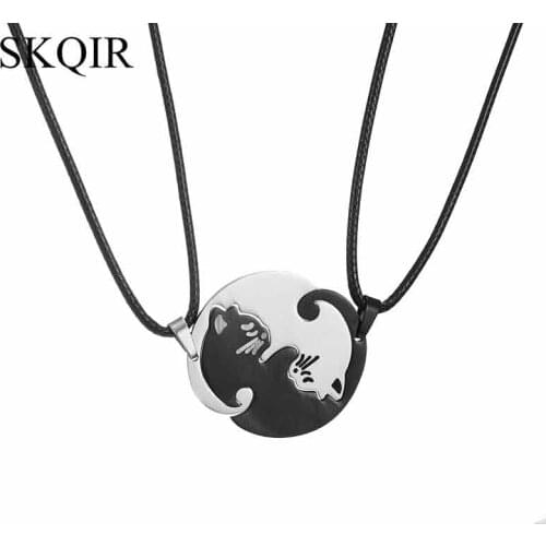 Korean Cut Black Cat Pendant Necklace Stainless Steel Hug Two Cats Embrace Choker Necklace For Women Couple Valentines Day Gift