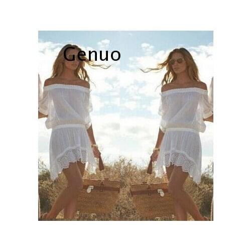Sexy Womens Off Shoulder Slash Neck white Transparent Lace Suit Fashion Popular Beach Dress
