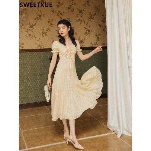 SWEETXUE French Retro Square Neck Dress Womens Summer Sweet Puff Sleeve Temperament Fashion Elegant Fishtail Long Chic Dress