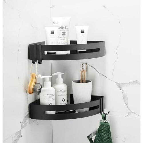 Bathroom Shelf Organizer Shower Storage Rack Black Corner Shelves Wall Mounted Aluminum Toilet Shampoo Holder No Drill
