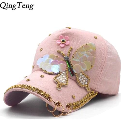Luxury Women Baseball Cap Brand Bling butterfly Pearl Sequins Hip Hop Cap Vintage Snap Back Design Cap Casual Snapback Hat New