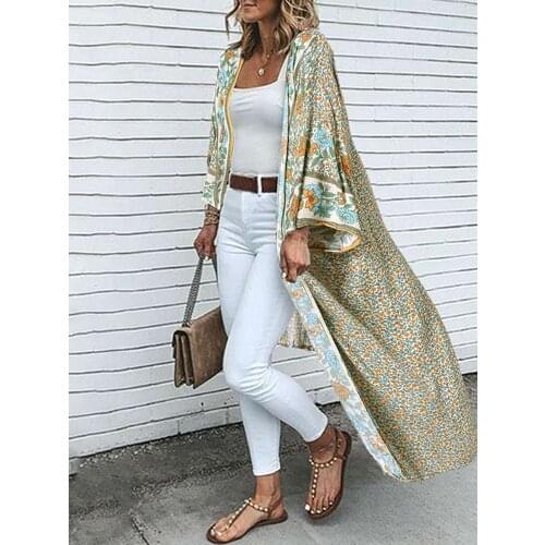 Bohemian Floral Printed Shirt Kimono ZANZEA Summer Beach Cardigan Women Open Front Long Sleeve Casual Blouse Vintage Long Tops