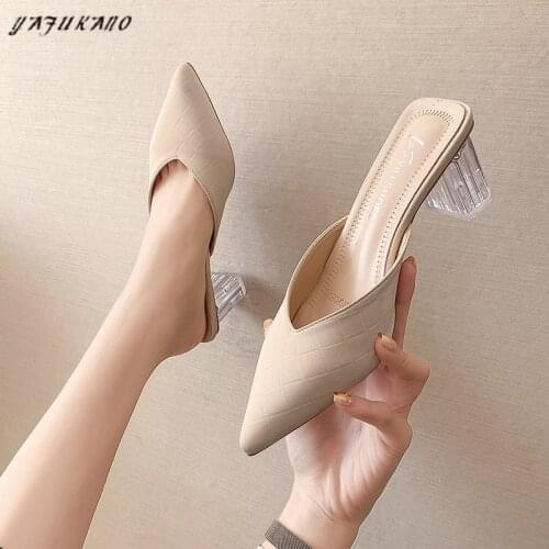 Baotou Half Slippers 2021 New Transparent Crystal Heel High Heels Fashion Pointed Toe Thick Heel Slides Retro Ladies Mules Shoes