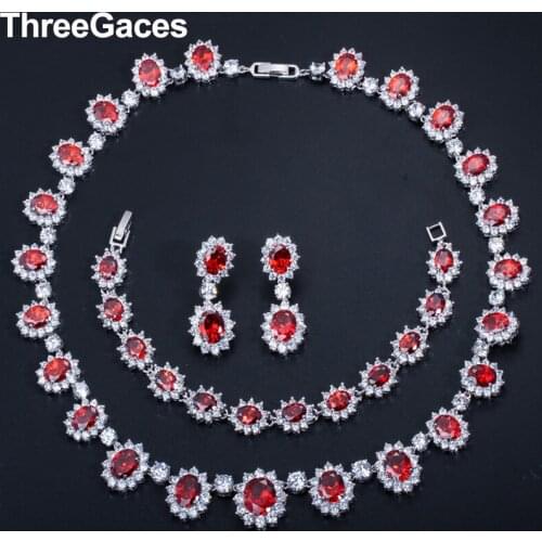 Threegraces European Style Big Oval Royal Green Cubic Zirconia Necklace Earrings Bracelet Women Party Luxury Jewelry Sets JS156