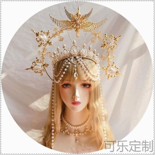 Lolita Bride Pearl Wings Pope Halo Virgin Gorgeous Chain Hair crown Hair Accessories Cosplay Girl Dark Halloween Headdress