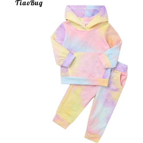 Spring Autumn Colorful 2Pcs Kids Girls Boys Tie Dye Print Sweatshirt Set Hoodie Long Sleeve Large Pocket Sportsuit Sportswear