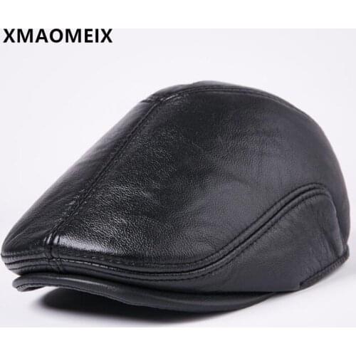 XMAOMEIX New Winter First Layer Cowhide Hat Mens Thick Fluff Warm Beret Genuine Leather Cap Fur Earmuffs Hats For Men Dads Hat