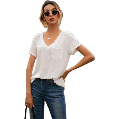 Women New V-neck Short Sleeve T-shirt Top Summer Solid Color Casual Loose Pocket Tee Pullover Black Pink Fashion Streetwear