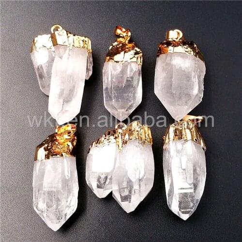 WT-P968 Gorgeous Raw crystal quartz stone pendant 24k gold dipped nuggest drop white crystal quartz point pendant