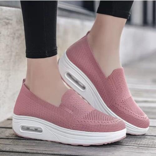 Womens Sneakers Knitted Elastic Mesh Shoes Women 2021 Sequined Bling Lace Up Platform Wedge Height Increasing Vulcanized shoes