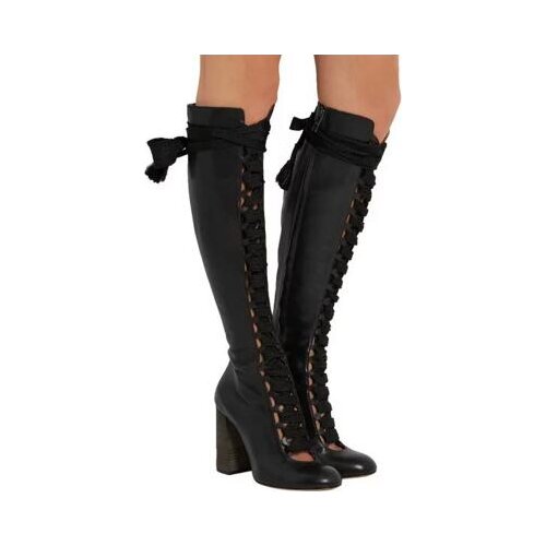 Women knee high gladiator sandals boots suede leather lace up bota square heel booties dress shoes women sexy cuts out bota