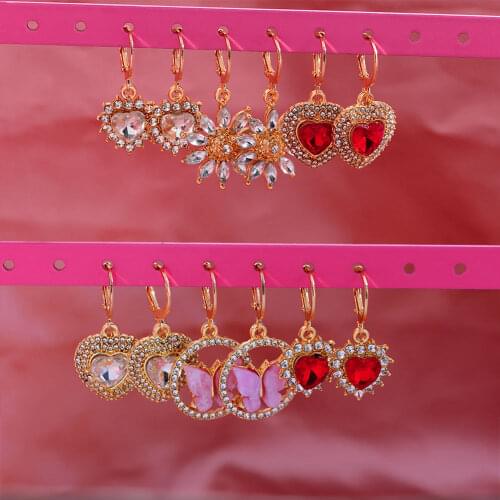 Flatfoosie Cute Butterfly Flower Crystal Drop Earrings for Women Multicolor Heart Geometric Rhinestone Earrings Jewelry Gift