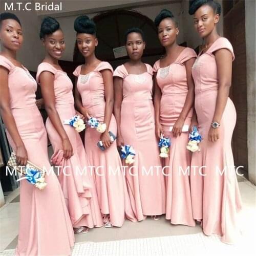 Pink Mermaid 2021 Bridesmaid Dress Cap Sleeves Floor Length Beads Satin Long African Maid Of Honor Dresses Plus Size Party Gown