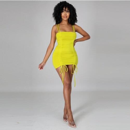 Neon Color Ruched Drawstring Womens Dress Summer Spaghetti Strap Body-shaping Vestidos Sexy Backless Package Hip Mini Dresses