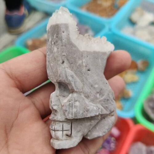 1pcs Clear Quartz Crystal Chyrsanthemum Cluster HandCarved Skull Specimen