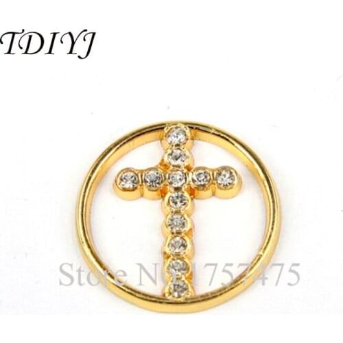 TDIYJ 10pcs Hot Sale 22mm Gold "Cross" Window Plate Floating Charms fit 30mm Living Glass Memory Locket