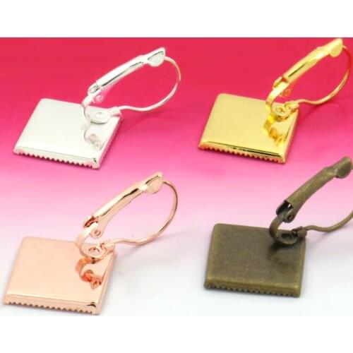 20pcs WHOLESALE Inner 15mm ANTIQUE BRONZE/Silver Plated Earring Hoop Square Cameo Setting Cabochon Tray for DIY Making