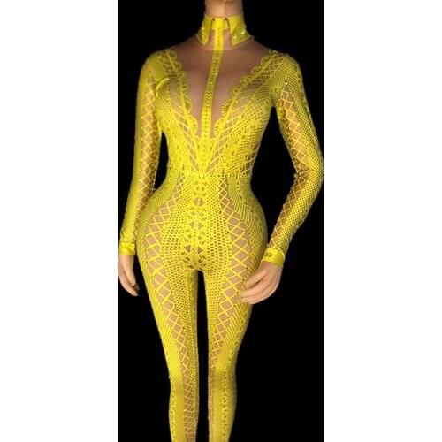 3D Printed Stretch Jumpsuit Women Rhinestones One Piece Bodysuit Sexy Outfit Stage Clothing Singer Dancer Performance Costume