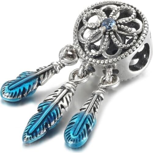 Authentic S925 Sterling Silver DIY Jewelry Blue Dreamcatcher Dangle Charm for Women Bracelet Bangle Pendant Bead