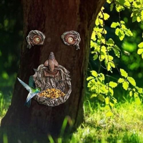 Bird Feeder Luminous Tree Face Resin Figurine Decorative Ornament Garden Decoration Outdoor Bird Bath Bird Feeder Pendant