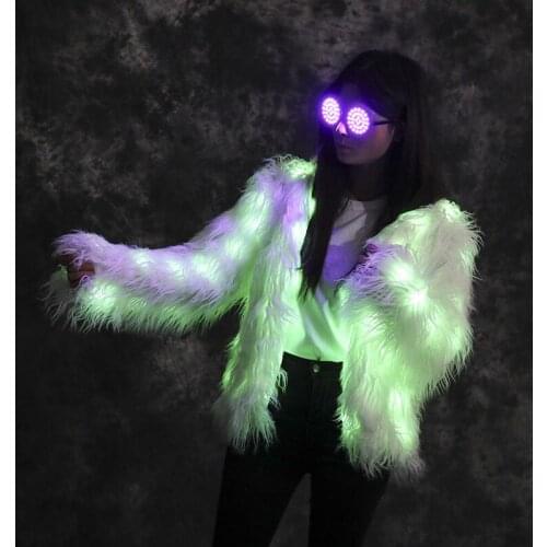 RE39 Party ballroom dance led light costumes dj luminous led fur coat stage wears glowing rave jacket women perform dress clothe