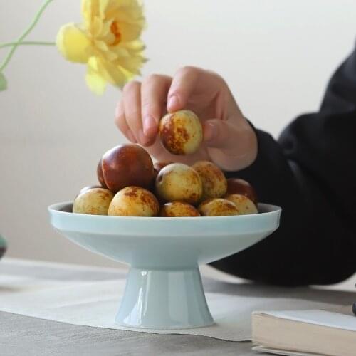 Creative High-Foot Ceramic Tea Cake Tray New Chinese Style Large Fruit Plate Home Living Room Snack Sunflower Seeds Nut Dish