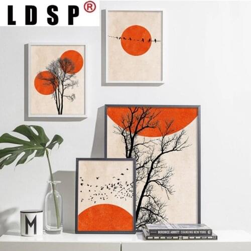 LDSP Orange Sun Black Tree Bird Landscape Color Contrast Canvas Painting Wall Art Print Poster Picture Modern Living Room Decor