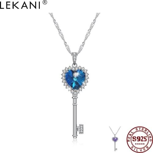 LEKANI 925 Sterling Silver Shining Key Of Love Pendant Necklaces For Women Colorful Austria Crystal Heart Necklace Wedding Gift
