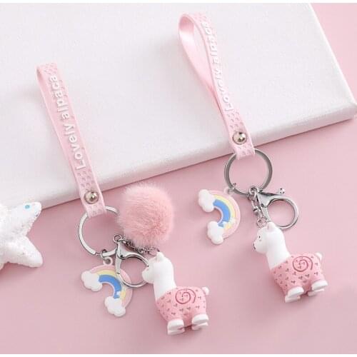 Cartoon Cute Alpaca Keychain Creative Resin Doll Car Keyfob Personality Rainbow Plush Ball Keyring For Women Bag Pendant Gifts