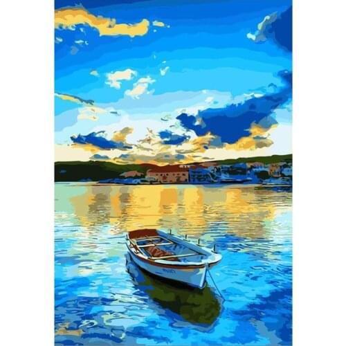 5D DIY Poured Glue Diamond Painting Kits Scalloped Edge Full Round Drill Small Boat Mosaic Landscape Embroidery Decoration Home