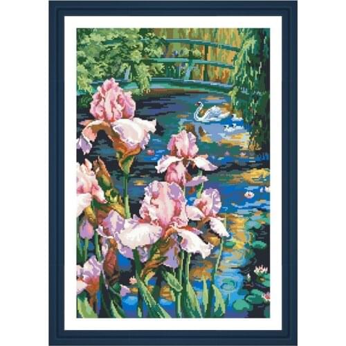 Iris and swan counted cross-stitch kit flower embroidery needlework 18ct 14ct 11ct white cloth DIY handmade needlework