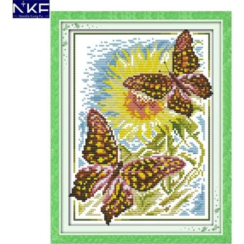 NKF The Butterfly Sunflower Pattern Handmade Craft Needlework Chinese Cross Stitch Embroidery Kit Cross Stitch for Home Decor