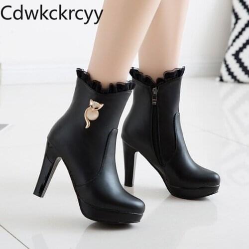 Winter The New fashion Round head Thick heel 10CM Knight boots white Sexy Plus velvet Keep warm High heel Women boots size 34-43