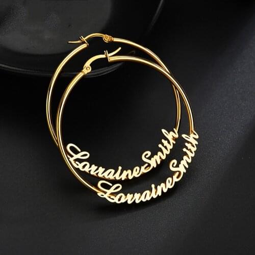 HUHUI Custom Name Hoop Earrings Personalized Nameplate Round Pendant Stainless Steel Stud Ear Jewelry For Women Birthday Gift