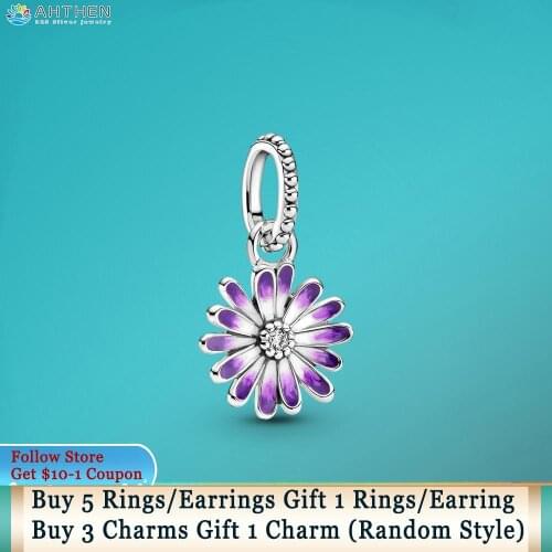 Ahthen 925 Sterling Silver Charm Purple Daisy Dangle Charm fit Original Pandora Bracelets Women Jewelry Making Girl DIY Jewelry