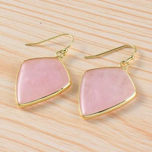 FYJS Unique Light Yellow Gold Color Polygon Shape Rose Pink Quartz Drop Earrings Labradorite Stone Jewelry