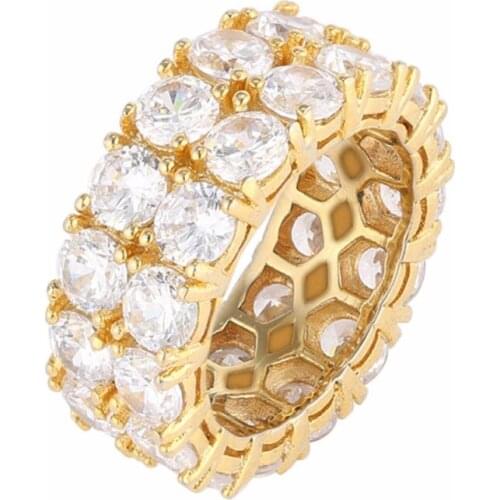 New Fashion Party Rings Charm Hip Hop Bling Ice Out 2 Rows CZ Stone Gold Bijoux Color Brass Rings For Men Women Jewelry Gift