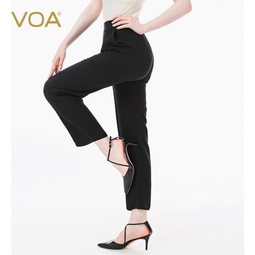 VOA 60 M/m Silk Long Sky Black Mid-Waist Zipper Arch Pin Craft Yuke Pleated Diagonal Insert Pocket Capri-Pants KE96