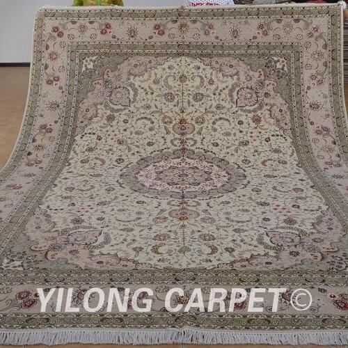 Yilong 9'x12' art silk wool carpet beige handmade exquisite persian wool rugs wholesale (1378)